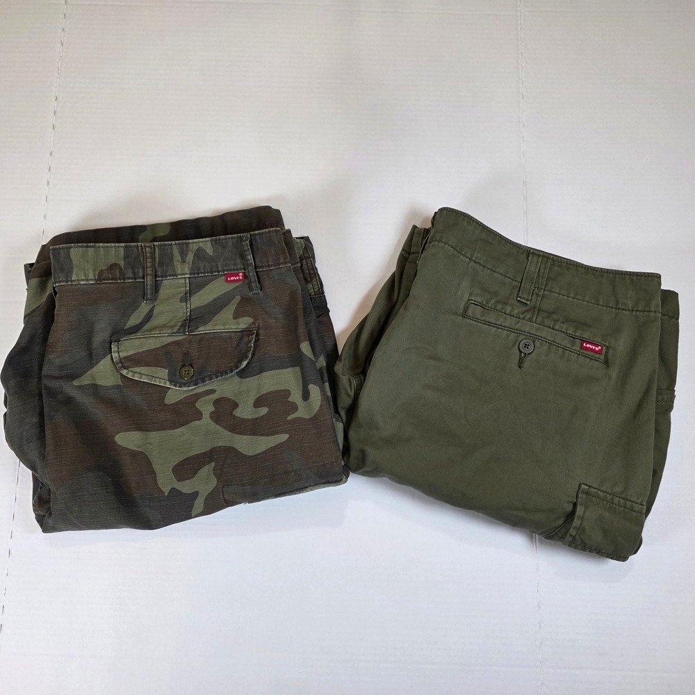 2 Pair Levis Cargo Shorts Mens W42 Green Camo/Olive Relaxed Fit Casual Pockets